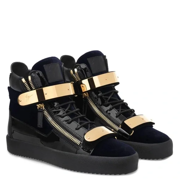 Giuseppe Zanotti Navy Velvet and Gold Sneakers - Picture 5 of 7